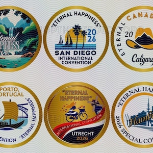 JW 2026 Eternal Happiness International Convention Pins/Buttons- 20 Pack - San Diego Milwaukee Calgary Stockholm St. Johns Quito GIFT