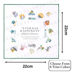 May include: White square handkerchief, 22cm x 22cm, with a green border. Features colorful illustrations of various cities and the text "Eternal Happiness" and "Jehovah's Witnesses International Convention".