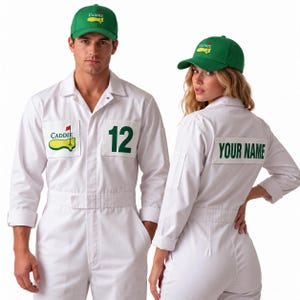 May include: A white jumpsuit featuring a green golf-themed logo with the text CADDIE and the number 12 on the chest, paired with a green baseball cap with a matching logo. The back of the jumpsuit displays a rectangular patch with the text YOUR NAME.