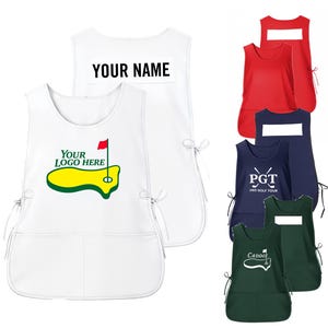 May include: A collection of sleeveless golf caddie bibs featuring side tie closures and a large front pocket. The bibs are available in white, red, navy blue, and dark green, with customizable areas for names and logos, including a golf green graphic.