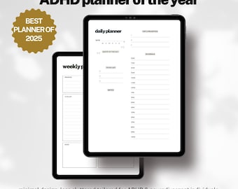 May include: Two black tablets display planner pages. One shows a daily planner layout with sections for date, priorities, schedule, and notes. The other shows a weekly planner. Text reads "ADHD planner of the year" and "BEST PLANNER OF 2025".