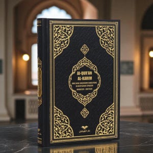 May include: A hardcover book titled "AI-QUR'AN AL-KARIM" in black with gold decorative accents. The book's cover features ornate gold filigree and text in Arabic and German. The book is standing upright on a reflective surface.