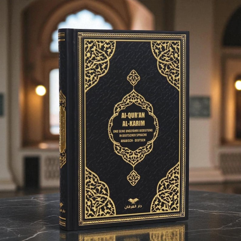May include: A hardcover book titled "AI-QUR'AN AL-KARIM" in black with gold decorative accents. The book's cover features ornate gold filigree and text in Arabic and German. The book is standing upright on a reflective surface.