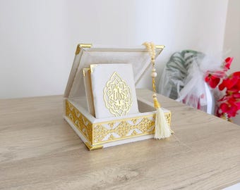 Velvet Covered Quran Gift Box with Pearl Tasbih: Islamic Wedding Gift, Birthday Gift Set, Eid Ramadan Gift Muslim Wedding Decoration