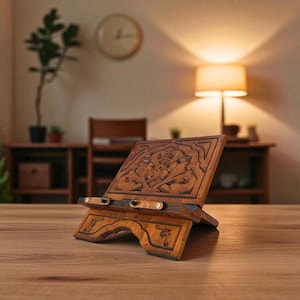 May include: A wooden book stand with intricate carvings. The stand is made of a warm-toned wood and features a detailed relief design on the front panel. It has an adjustable angle and a small ledge to hold a book in place.