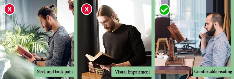 K&ouml;nnte beinhalten: Drei Bilder, die verschiedene M&ouml;glichkeiten zeigen, ein Buch zu lesen. Das erste Bild zeigt eine Person, die ein Buch liest, wobei der Kopf nach unten gebeugt ist, was nicht empfohlen wird. Das zweite Bild zeigt eine Person, die ein Buch liest, wobei der Kopf nach hinten geneigt ist, was ebenfalls nicht empfohlen wird. Das dritte Bild zeigt eine Person, die ein Buch liest, wobei der Kopf aufrecht ist und das Buch auf einem St&auml;nder abgest&uuml;tzt ist, was die empfohlene Art ist, ein Buch zu lesen.
