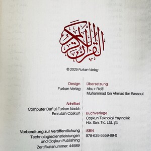 May include: A page from a book with Arabic calligraphy in red at the top, the text reads "&copy; 2025 Furkan Verlag". Below are details in German and English, including design, translation, and ISBN 978-625-5559-89-0.