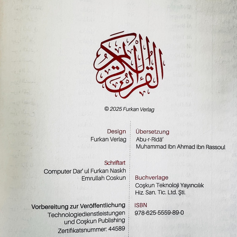 May include: A page from a book with Arabic calligraphy in red at the top, the text reads "&copy; 2025 Furkan Verlag". Below are details in German and English, including design, translation, and ISBN 978-625-5559-89-0.