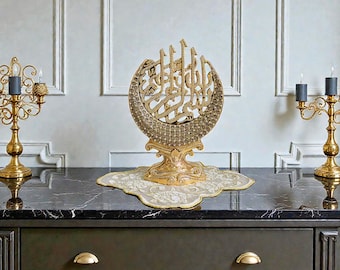 Decoração Islâmica para Casa: Estatueta de Allah com Lua Crescente, Cristal Swarovski, Presente para Mesa Muçulmana