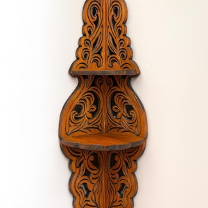 Hand Carved Wooden Corner Shelf: Rustic Vintage Decor Woodland Gift