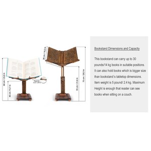 K&ouml;nnte beinhalten: Ein B&uuml;cherst&auml;nder aus Holz mit aufwendigen Schnitzereien. Er kann B&uuml;cher bis zu 30 Pfund oder 14 kg tragen. Der B&uuml;cherst&auml;nder ist 60 cm hoch, 40 cm breit und 26 cm tief. Er ist aus dunklem Holz gefertigt und hat ein traditionelles Design.