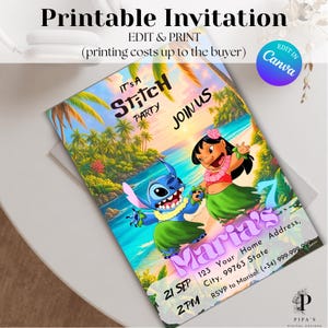 Convite para festa Lilo & Stitch, modelo digital de aniversário, Canva, tema havaiano Aloha infantil, convite digital editável de aniversário Lilo Stitch, Canva