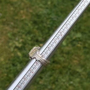 Peut inclure: Une bague en argent avec un groupe de petites pierres de couleur claire est plac&eacute;e sur un baguier. La bague pr&eacute;sente un motif d&eacute;taill&eacute; et textur&eacute; autour des pierres. Le baguier est marqu&eacute; de chiffres et de lettres.