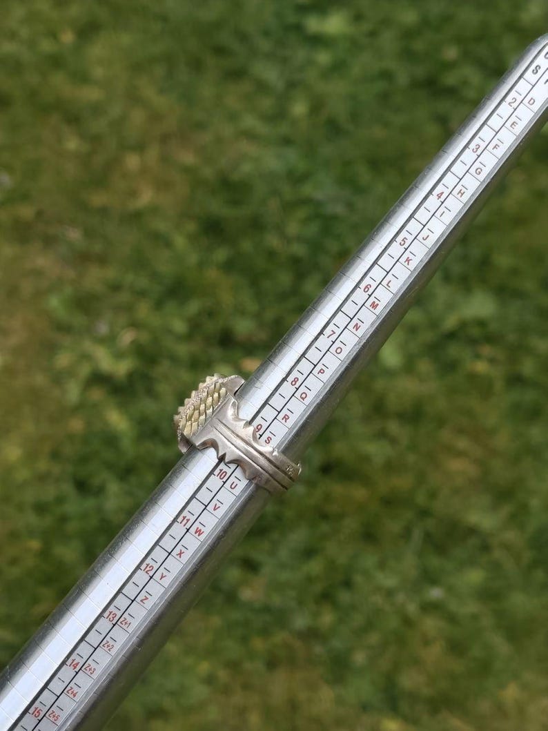 Peut inclure: Une bague en argent avec un groupe de petites pierres de couleur claire est plac&eacute;e sur un baguier. La bague pr&eacute;sente un motif d&eacute;taill&eacute; et textur&eacute; autour des pierres. Le baguier est marqu&eacute; de chiffres et de lettres.