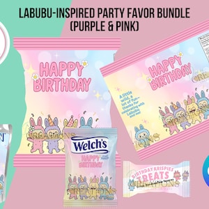 Op Labubu geïnspireerde bundel feestbedankjes (paars en roze)