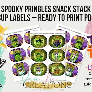 Puede incluir: Una hoja digital de etiquetas ovaladas imprimibles con temática de Halloween para vasos de aperitivos, con personajes de dibujos animados como esqueletos, fantasmas y calabazas con el texto Happy Halloween.