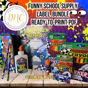 Puede incluir: Un gráfico digital con el texto FUNNY SCHOOL SUPPLY LABEL BUNDLE READY-TO-PRINT PDF, que muestra un cuaderno, pegamento Elmer's, crayones Crayola, lápices de colores, marcadores y una barra de pegamento sobre un fondo de graffiti colorido.