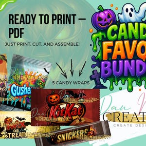 May include: A Halloween-themed graphic featuring candy wrappers and the words "Candy Favor Bundle." The wrappers include "Happy Halloween" fruit snacks, "Gushe" candy, and Kit Kat and Snickers bars. The design includes a pumpkin, ghost, and bat.
