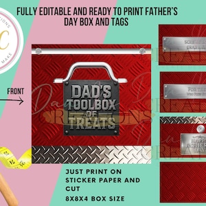 May include: A red and silver Father's Day toolbox design with the text "DAD'S TOOLBOX OF TREATS". Includes side tags with text like "Happy Father's Day". The design is fully editable and ready to print.