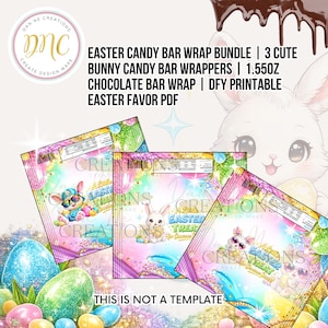 Puede incluir: Paquete de envoltorios de barras de chocolate de Pascua con tres envoltorios de barras de chocolate de conejito. Cada envoltorio tiene un diseño colorido con huevos y conejitos de Pascua.