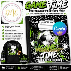 Couverture de cahier de composition de football | Modèle Game Time Canva Pro | Couverture scolaire imprimable | PDF prêt à imprimer