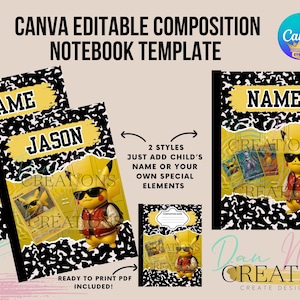 May include: Composition notebook template with a yellow and black design. The notebook features a Pikachu character wearing sunglasses and a jacket. The text "NAME" and "JASON" are displayed on the cover. The text "CANVA EDITABLE COMPOSITION NOTEBOOK TEMPLATE" is also visible.