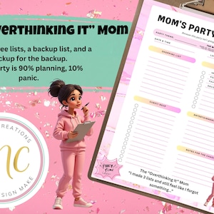 Peut inclure: Un planificateur de fête imprimable avec un schéma de couleurs rose et jaune. Le planificateur comprend des sections pour le thème de la fête, la date et l'heure, la liste de courses, la liste des invités, la liste des choses à faire, le divertissement et des notes pour l'hôte. Le texte "MOM'S PARTY PLANNER" est en haut de la page. Le texte "Because this party isn't going to plan itself!" est sous le titre. Le texte "The "Overthinking It" Mom I made 3 lists and still feel like I forgot something..." est en bas de la page.