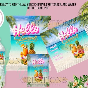 May include: A set of tropical-themed labels for chip bags, fruit snacks, and water bottles. The design features the words "Hello Summer" in pink and gold, along with images of cocktails, pineapples, and a flamingo. The labels are ready to print.