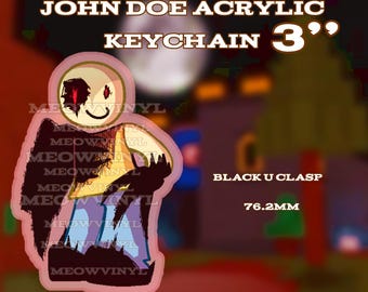 May include: Acrylic keychain featuring a cartoon character design. The keychain is 3 inches in size and has a black U clasp. The text "JOHN DOE ACRYLIC KEYCHAIN" is displayed on the top. The keychain is 76.2mm in size.