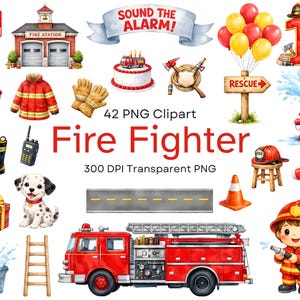 Akvarell brandman clipart-paket – brandbilar, utrustning, station (digital nedladdning)