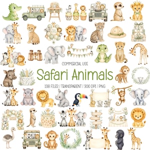 May include: A collection of watercolour safari animal illustrations including lions, elephants, giraffes, zebras, monkeys, and hippos, featuring birthday cakes, balloons, safari vehicles, and banners with the text Safari Animals and Commercial Use.
