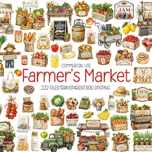 Könnte beinhalten: Eine Sammlung digitaler Illustrationen mit Bauernmarkt-Artikeln wie Obst, Gemüse, Backwaren, Holzkisten, einem grünen LKW und Marktständen mit dem Text Farmer's Market, 222 FILES/TRANSPARENT/300 DPI/PNG und COMMERCIAL USE.