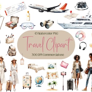 Watercolor Travel Clipart, Vacation Clipart, Planner clip art, Travel Planner, Commercial Use, Adventure clipart, Tourism clipart, PNG