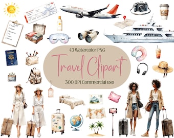 Clipart de viajes en acuarela: Gráficos para planificador de vacaciones (PNG, uso comercial)