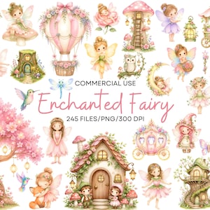 May include: A collection of watercolor illustrations featuring fairies, mushrooms, houses, and other whimsical elements. The text "Enchanted Fairy" is displayed in a cursive font. The image includes a hot air balloon, a carriage, and a variety of flowers.