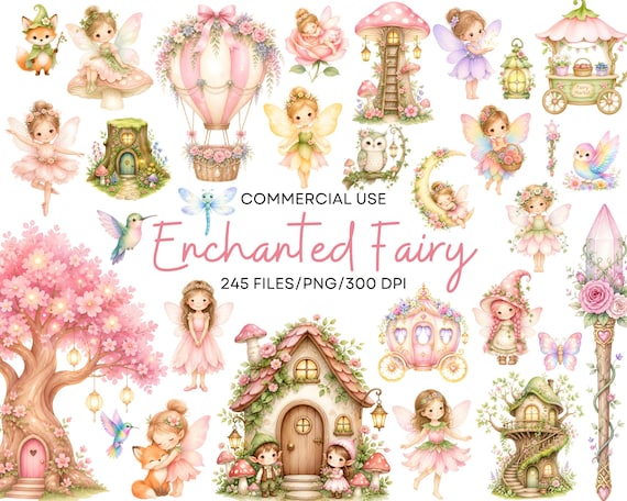 Watercolor Fairy Clipart Enchanted Garden PNG Magical Forest Birthday Party Bundle