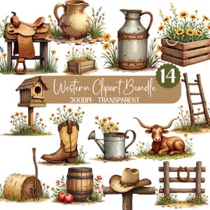 Rustic Western Watercolor Clipart Bundle: Cowboy Boots, Barns, and Floral Accents (PNG Digital Download)
