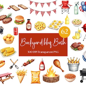 Watercolor BBQ Clipart Set: Summer Cookout Party PNGs (Digital Download
