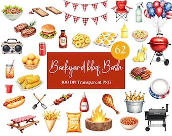 Watercolor BBQ Clipart Set: Summer Cookout Party PNGs (Digital Download