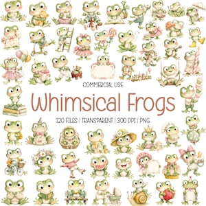 Puede incluir: Una colección de ilustraciones digitales que muestran ranas de color verde claro en diversas actividades, como montar en bicicleta, sostener globos, leer libros y comer fruta. El texto dice COMMERCIAL USE Whimsical Frogs 120 FILES TRANSPARENT 300 DPI PNG.