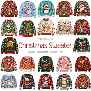 May include: A collection of twenty-five digital illustrations of Christmas jumpers featuring various festive motifs including reindeer, snowmen, penguins, elves, Santa Claus, gingerbread men, cats, tacos, flamingos, and nutcrackers with text.