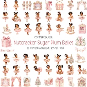 Puede incluir: Una colección digital de ilustraciones de Nutcracker Sugar Plum Ballet con bailarinas en tutús rosas, figuras de cascanueces, árboles de Navidad, cajas de regalo, calcetines y escenarios con el texto COMMERCIAL USE Nutcracker Sugar Plum Ballet.
