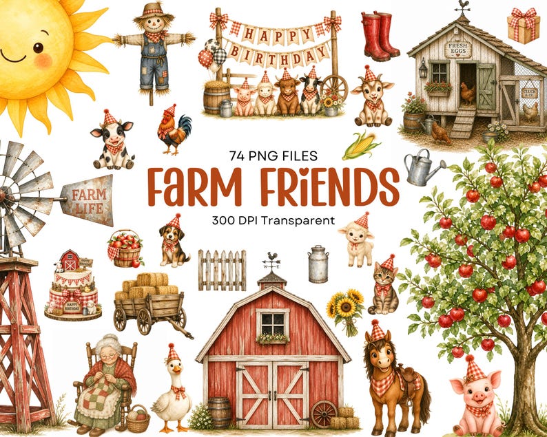 Watercolor Farm Animal Clipart Bundle, Barnyard Birthday Pngs, Cow, Pig ...