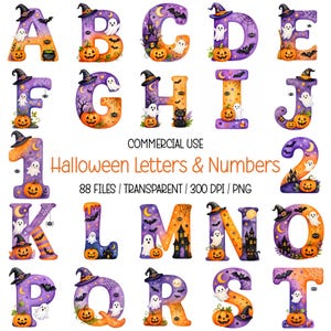 Op de afbeelding: Een digitale collectie van Halloween-alfabetletters en cijfers met paarse en oranje gradiënten, versierd met illustraties van geesten, pompoenen, heksenhoeden, vleermuizen, spinnen, spinnenwebben en spookhuizen met tekst.