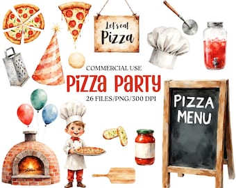 Clipartbundel aquarel pizza: illustraties van feestmaaltijden (digitale png-download)