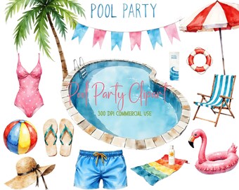 Watercolor Pool Party Clipart: Summer Fun Graphics (Commercial Use, Digital Download