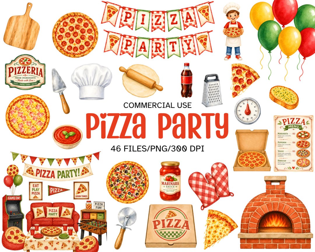 Watercolor Pizza Party Clipart Bundle, Invitations Party Decor Food PNG ...