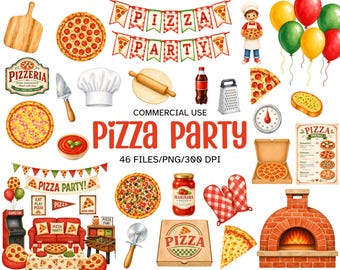 Aquarell Pizza Party Clipart Bundle, Einladungen Party Dekor Essen PNG (kommerzielle Nutzung)