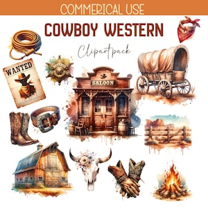 Watercolor Cowboy Clipart: Wild West PNG Designs (Digital Download)