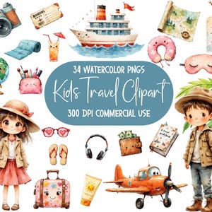 Watercolor Kids Travel Clipart: Vacation PNG Graphics (Commercial Use, Digital Download